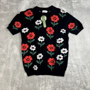 Oxknit Polo Shirt Mens XL Black Floral Cotton Retro 80's Style Johnny Collar NWT